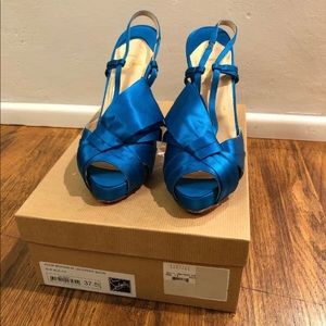 Auth. Louboutin 120 Crepe Satin Blue Heels US 7.